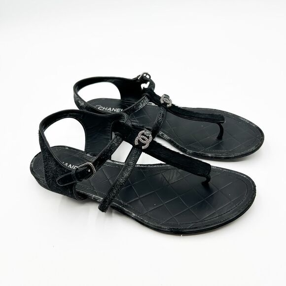 Chanel CC Logo Sandals Black Suede and Calf Hair Metallic Flats Size Eu 39 US 8- - Picture 2 of 11